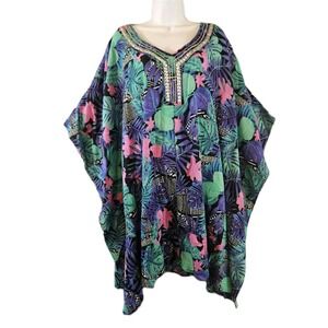 Swimsuits For All NWT Caftan Women 18/20 Beaded Cover Up Tunic Boho Floral Beach